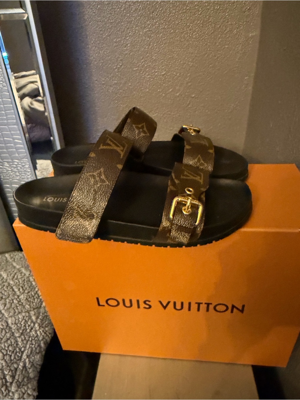 Louis Vuitton Brown Monogram Double Strap Sandals with Gold Buckles - Picture 6 of 9